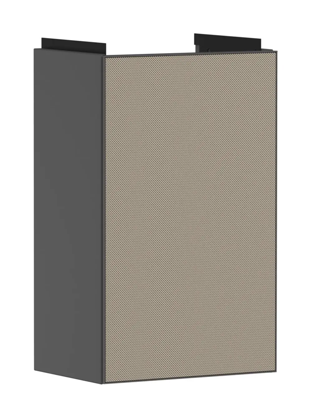 Schwarzer Waschtischunterschrank mit einer beige beschichteten Front. Der Schrank zeigt eine Tür mit linksseitigem Anschlag. Hansgrohe-Design, geeignet für Handwaschbecken.